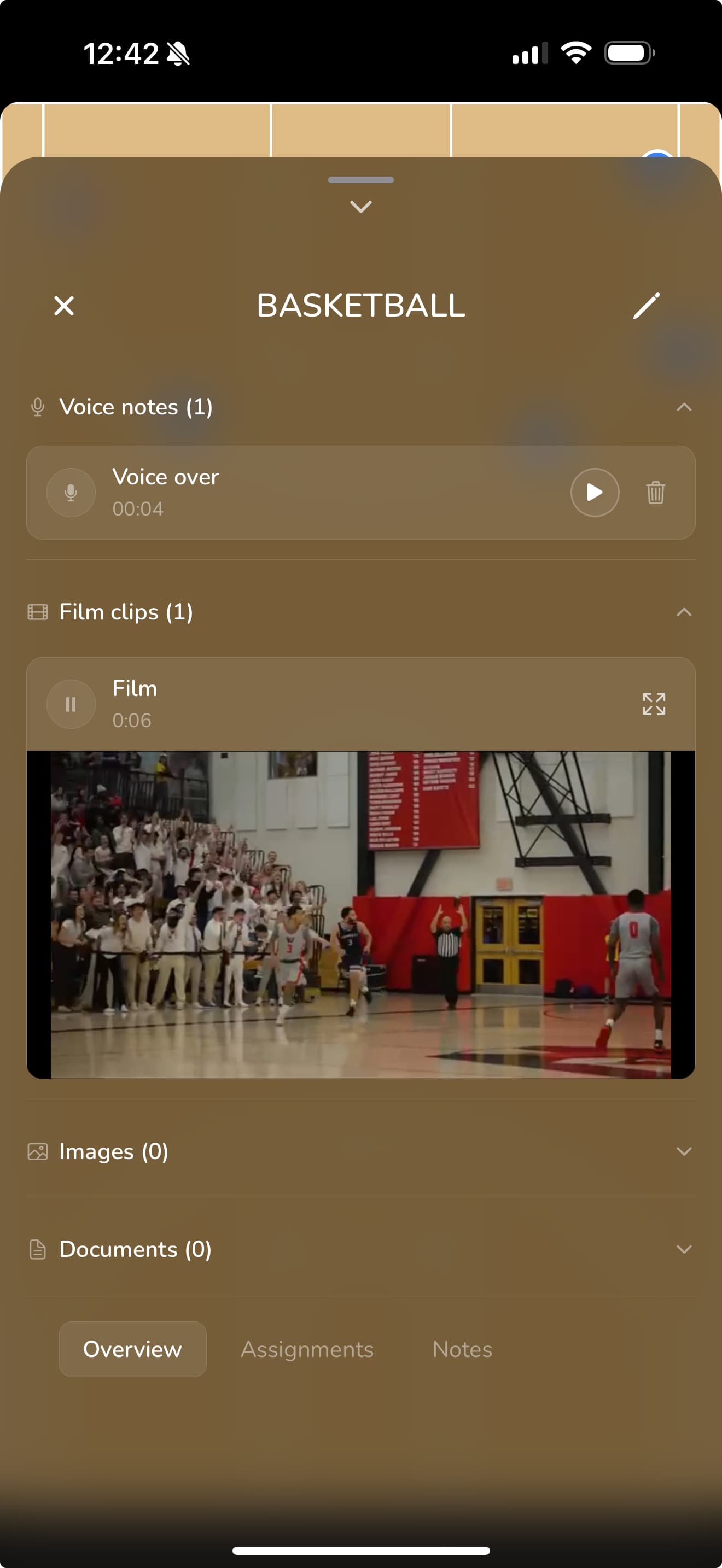 Play detail screen with voice notes, attached film clip, and assignment tabs