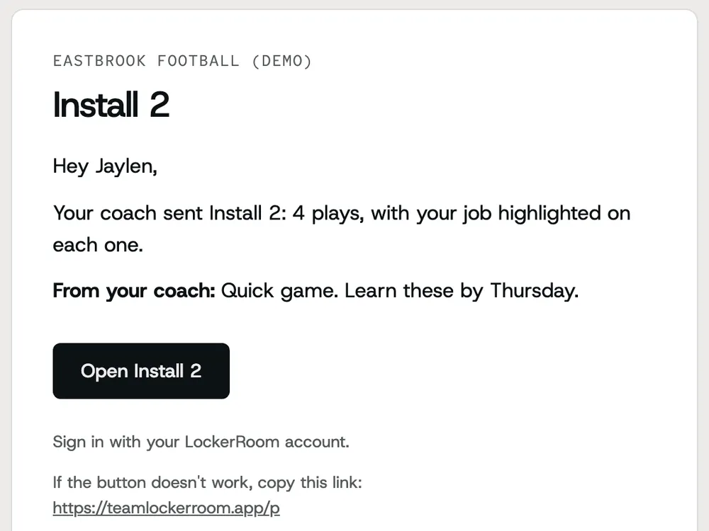 The email a player gets: the install, the coach's note and a button to open it