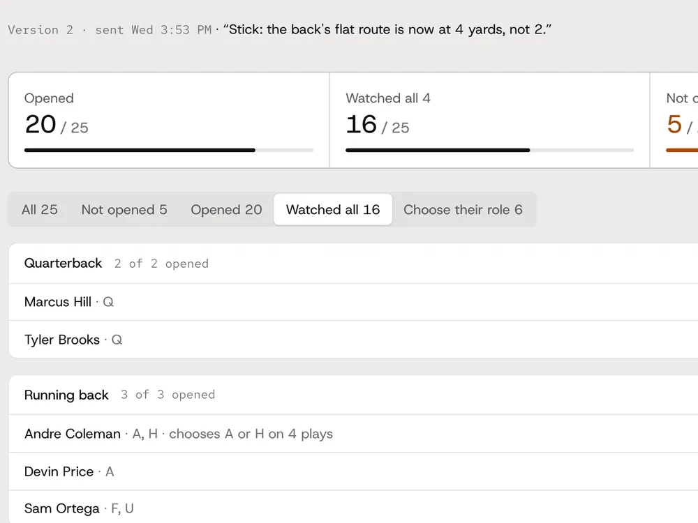 Who opened the install, by position group, with what changed in this version and a Remind button