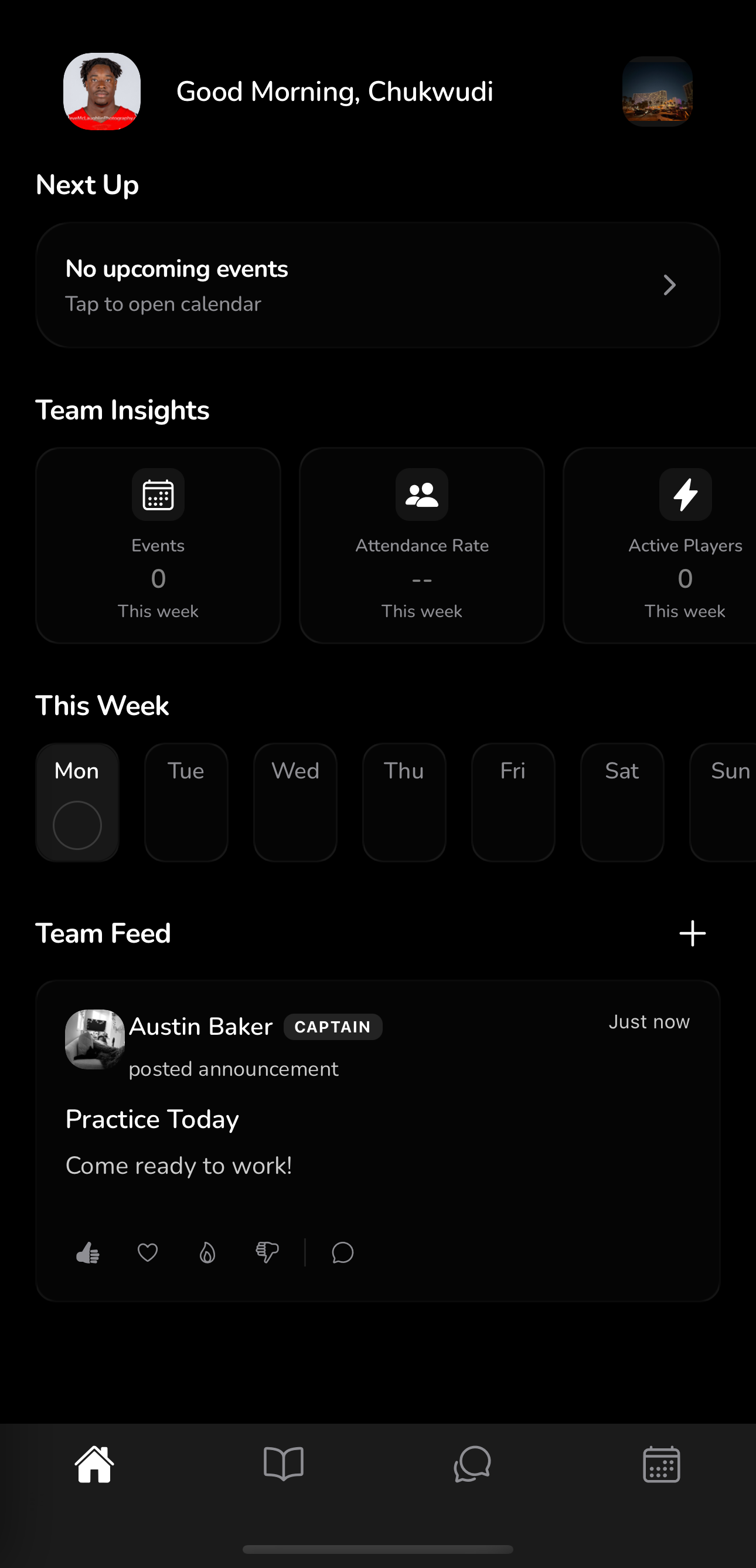 LockerRoom home screen showing team feed, upcoming events, and team insights